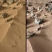 Про цвет марсианского грунта. Слева мы видим необработанное изображение дюны, показывающее как она выглядит на Марсе, небо которого часто имеет красноватый оттенок вследствие большого количества пыли. Справа снимок обработан таким образом, чтобы показать, как тот же самый участок выглядел бы на Земле. Размер округлого камня выше центра изображения около 20 см.
