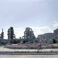 Сталинград, 1945 г. Свежие клумбы с цветами - первый признак благоустройства и начала мирной жизни. Для восстановления города потребуется ещё почти 10 лет упорного труда...