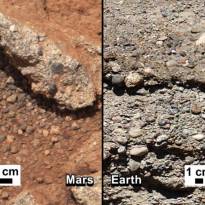 Curiosity нашел следы древнего марсианского ручья. Ученые обнаружили на снимках куски конгломерата, образованного сцементированными слоями гравия, образовавшегося на дне древнего ручья. Это первый случай находки такого рода донных отложений. Форма и размер зерен позволили ученым определить, какой была скорость и глубина марсианского ручья. «Вода текла в нем со скоростью примерно 3 фута в секунду (0,9 метра в секунду), а глубина была где-то между лодыжкой и бедром», - говорит Уильям Дитрих (William Dietrich), один из руководителей миссии Curiosity.