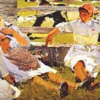 «Доярки», 1962 г. Автор: Баскаков Николай Николаевич (8 мая 1918, Астрахань, РСФСР — 14 октября 1993, Санкт-Петербург, Российская Федерация) — русский советский художник, живописец, член Ленинградской организации Союза художников РСФСР.